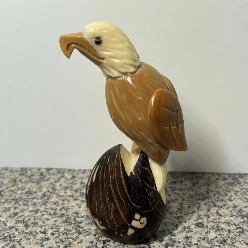 Tagua Nut Vegetable Ivory Bird Carving Eagle Figurine 4" Tall Rainforest Seed